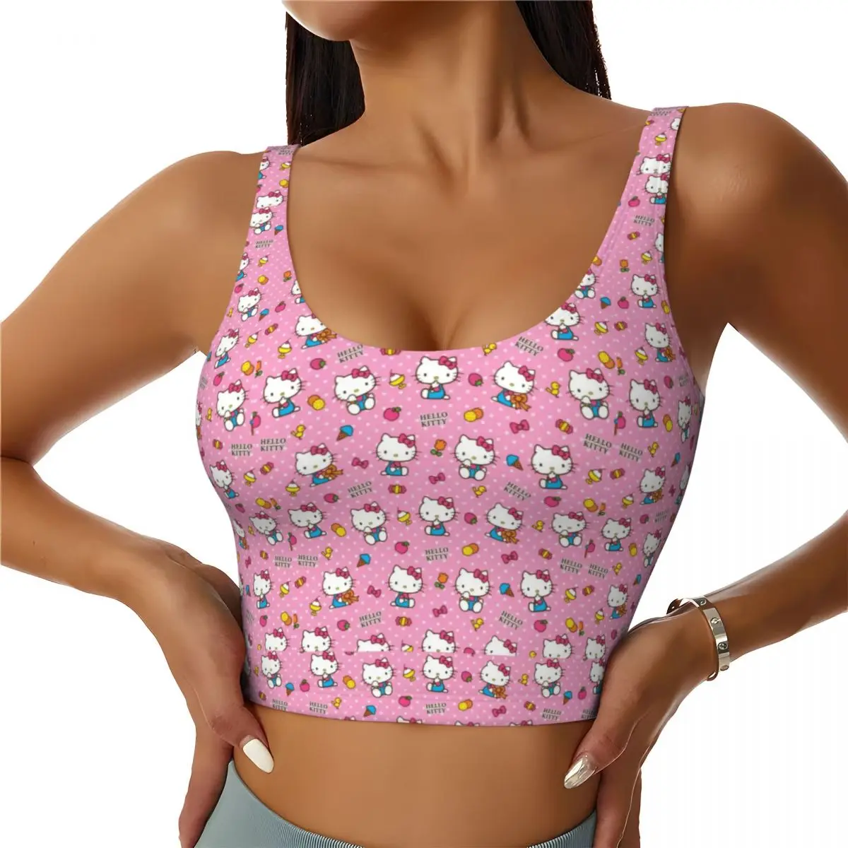 

Custom Hello Kitty Pattern High Impact Sports Bras Women's Sanrio Cartoon Seamless Workout Yoga Crop Tank Tops