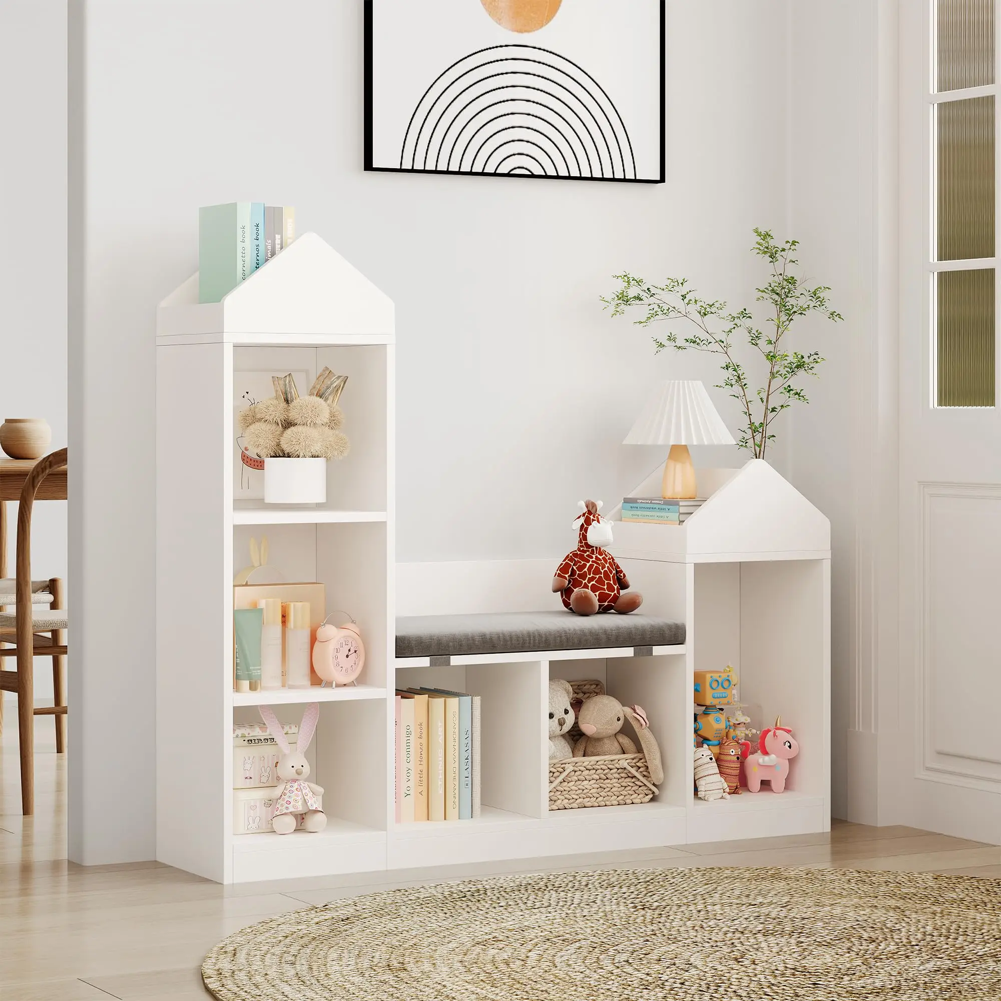 Kids Bookshelf with Reading Nook 47.75in Width Children Bookcase 6-Cubby Toy Storage Organizer Seat Cushion Wooden Storage Bench