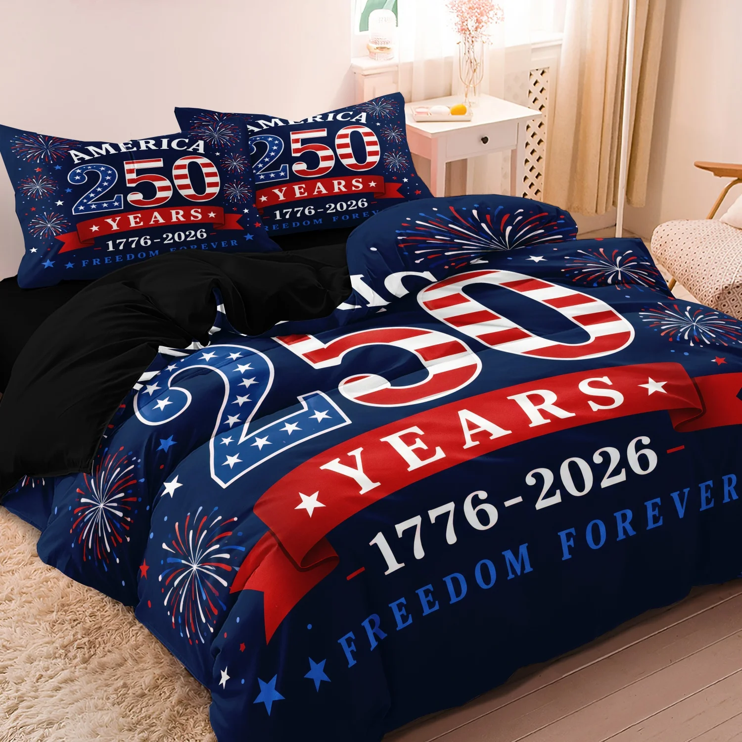3 Pieces Vintage Patriotic America Print Duvet Cover Set, Red White Blue Star Firework Ribbon National Holiday Pattern Bedding
