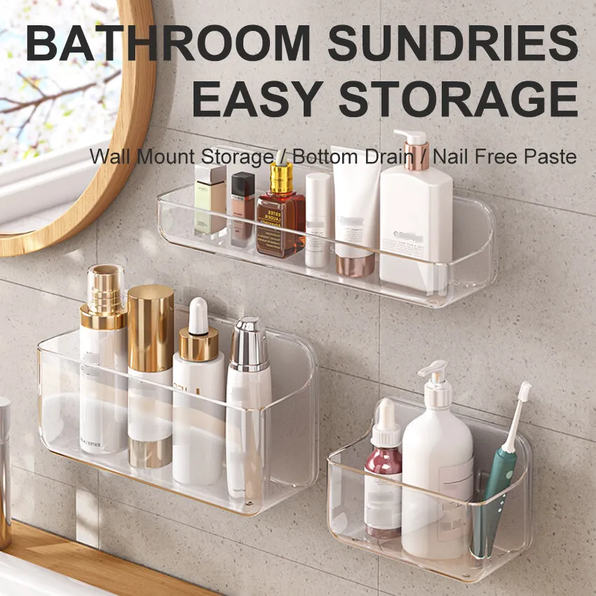 Bathroom Organizer Rack Transparent Wall Mounted Shower Gel Bottles Holder Plastic Non-drilling Household PET Stand Holder Shelf