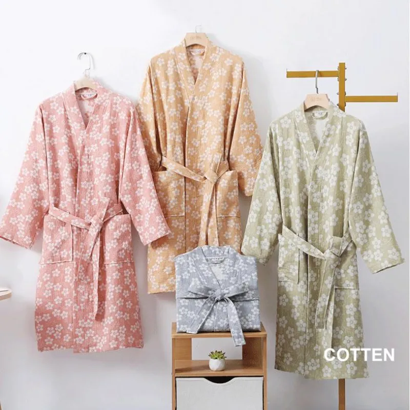 

Fashion Floral Printed Long Sleeve Loose Kimono 100% Cotton Gauze Robe Pajama Women New Ins Home Bathrobe Basic Hotel Spa Robes