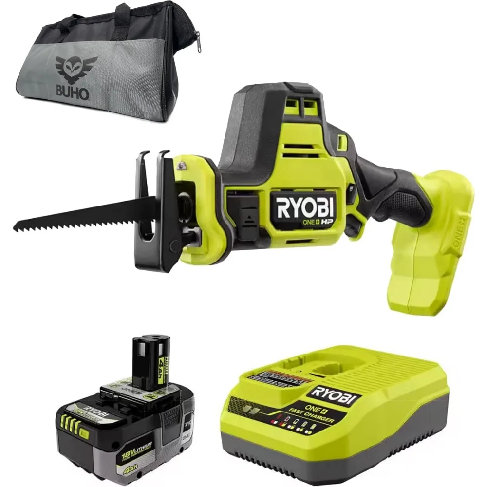 Compact Reciprocating Saw Bundle with Ryobi Saw, Battery, Charger, and Buho Tool Bag. High Performance 18-Volt Cordless