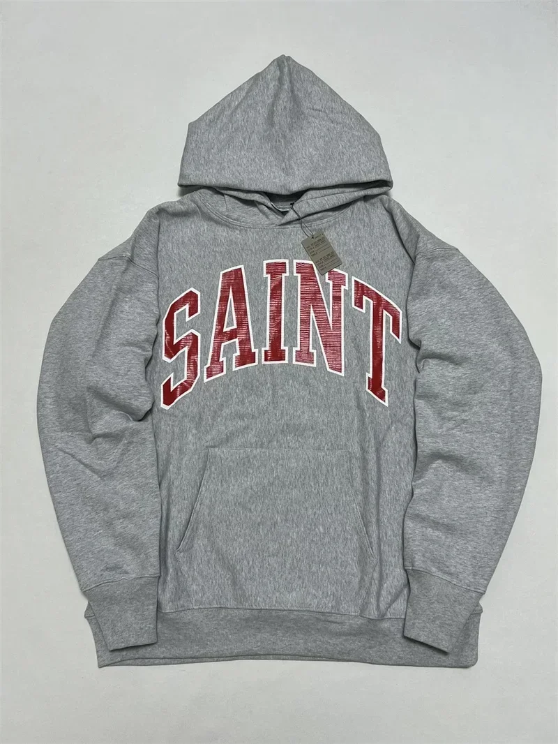 

24ss SAINT MICHAEL Hoodies Men Women 1:1 Top Quality Cracked Retro Print SAINT LOGO Grey Pure Cotton Oversized Sweatshirt