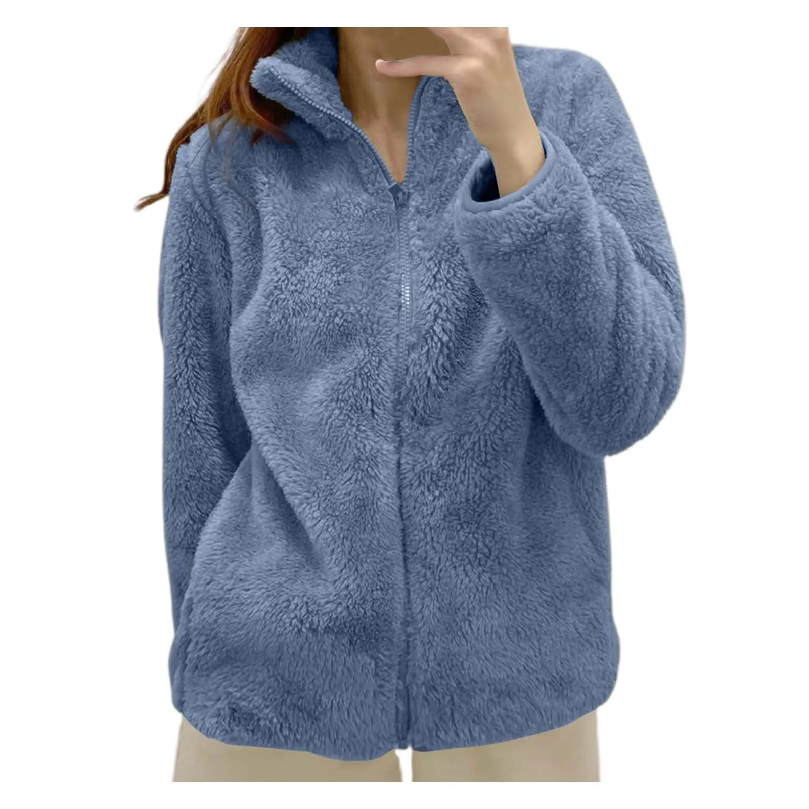 Einfarbige, gemütliche Fleecejacke mit Stehkragen für Damen, Peeling, einfarbig, einfache Oberbekleidung, lockerer Reißverschluss, bequem, lässig, mit Reißverschluss