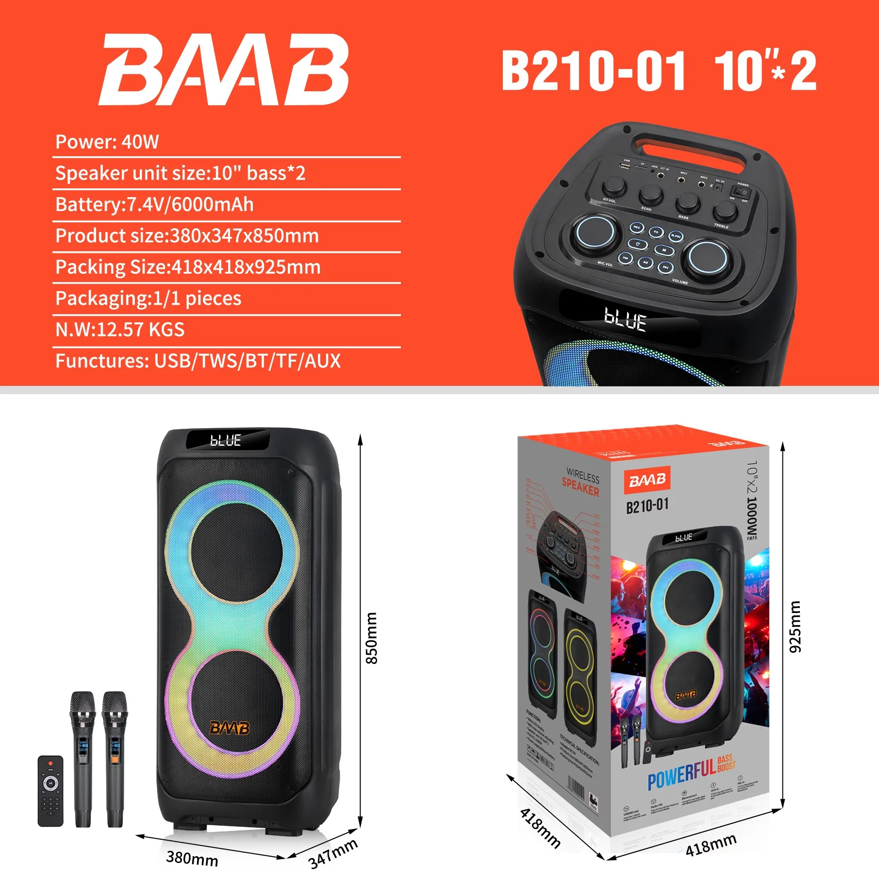 B210-01 Dual 10 Inch Indoor Outdoor Party Speaker With RGB LED Lighting USB/FM & Remote Control Newest Hot Sale Karaoke Unit