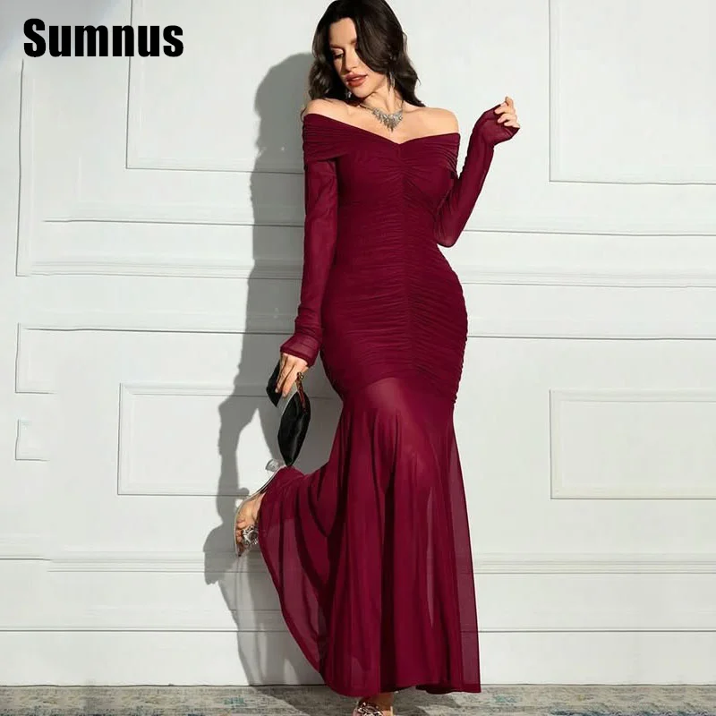 Sumnus Elegant Mermaid Party Dresses Burgundy Long Sleeves Floor-Length Off Shoulder Formal Gowns فساتين سهرة Customized