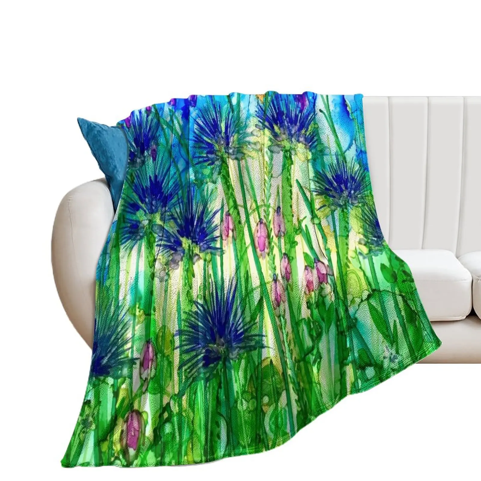 Soft & Spiky, bold blue flowers in alcohol inks Throw Blanket Beautifuls valentine gift ideas for sofa Blankets