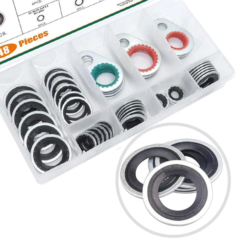 48PC Automotive AC Compressor Gasket Seal Kit with 9 Distinct Sizes for Broad Fitment For Air Conditioning Systems