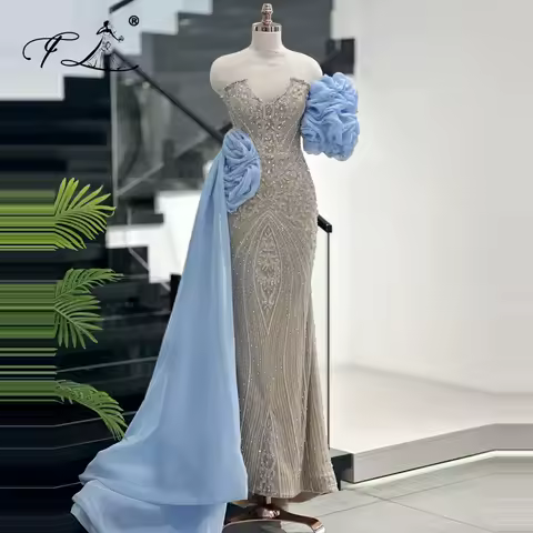 Luxury Evening Dress V-Neck Mermaid Dress Crystal Champagne Dress Blue Trailing Evening Dress Elegant Party Dress Customized