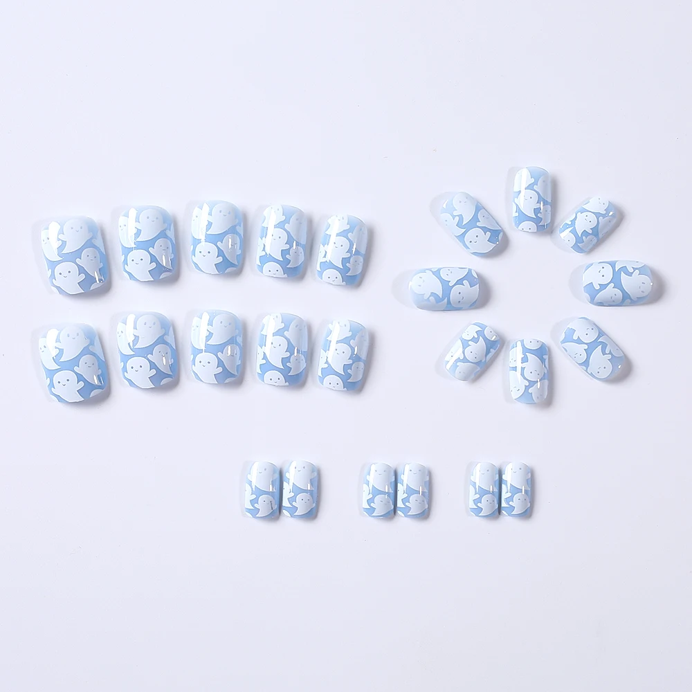 24pcs Short Square Cute Funny Ghost Fake Nail Blue White Ghost Design Press On Nails Cartoon Ghost Nail Patch False Nails Tip