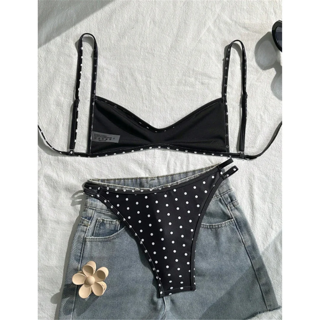S - XL Polka Dot V-Ausschnitt Bikini Damen Bademode Zweiteiliger Bikini-Set mit hohem Beinausschnitt Badeanzug V8147 – Detail 4