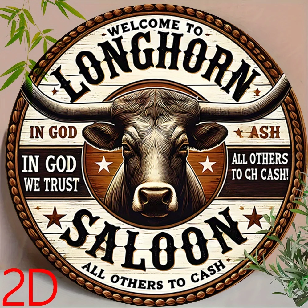 مسطح ثنائي الأبعاد - قطعة واحدة من لافتة القصدير المعدنية المستديرة مقاس 8 × 8 - فن روح رعاة البقر الطويلة، ديكور غربي ريفي مع "مرحبًا بكم في طويل #3