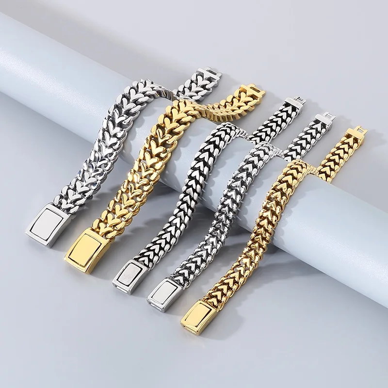 16mmヘビーパンクゴールドカラーラブハートチェーンブレスレットネックレスメンズレディースヒップホップステンレススチールチャームバイカーバイクチョーカー-ジュエリー