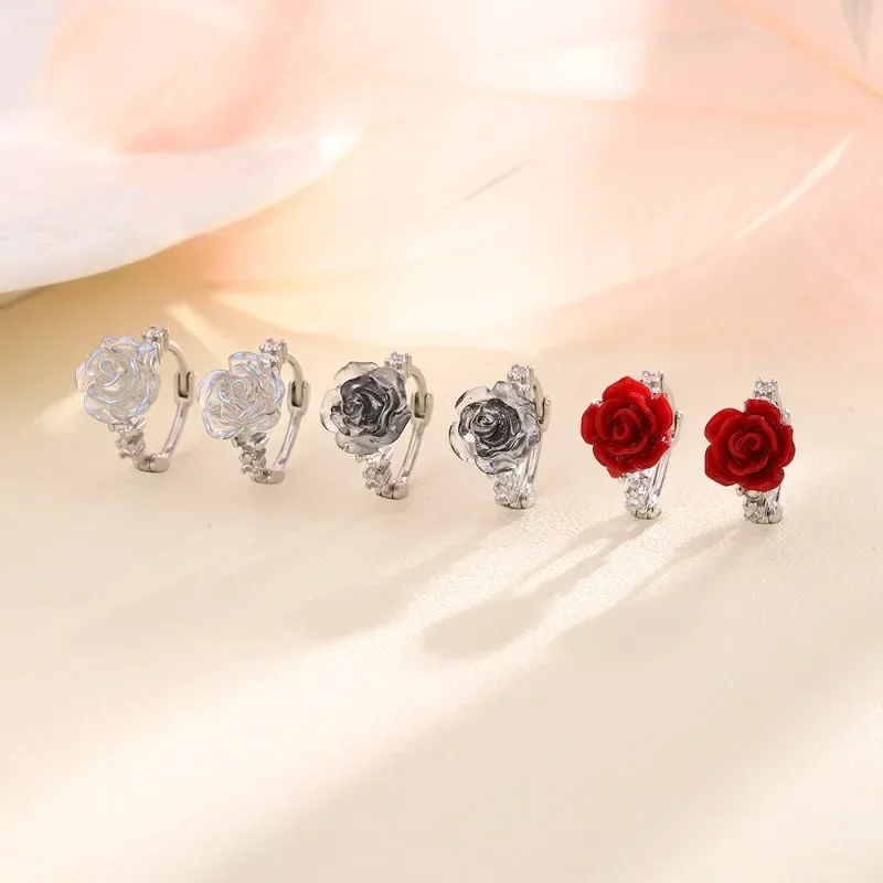 

PONYKISS 925 Sterling Silver Zircon Rose Camellia Flower Hoop Earring for Women Cute Plant Fine Jewelry Minimalist Accessory