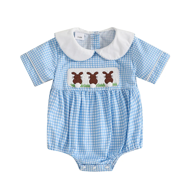 FOCUSNORM 0-18M Lovely Baby Girls Boys Easter Romper Rabbit Embroidery Doll Collar Short Sleeve Plaid Print Jumpsuit Clothes