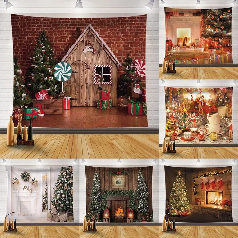Christmas Tapestry Home Living Room Room Decor Wall Hanging Cloth Christmas Tree Fireplace Background Tapestry Wall Decoration