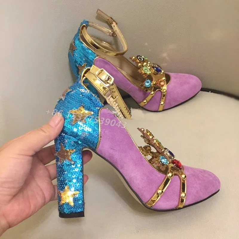 Vintage Suede Gemstone Crown Decoration Stitching Blue Sequin Star Cloth High Heels Pumps Rhinestone Buckles Thick Heel Shoes