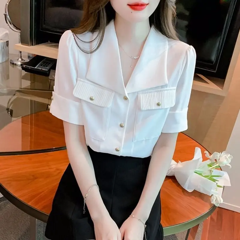 Fashion Lapel Short Sleeve Chiffon Blouses Women\'s Summer 2024 New Commuter Solid Color Spliced Pockets Single-breasted Shirts