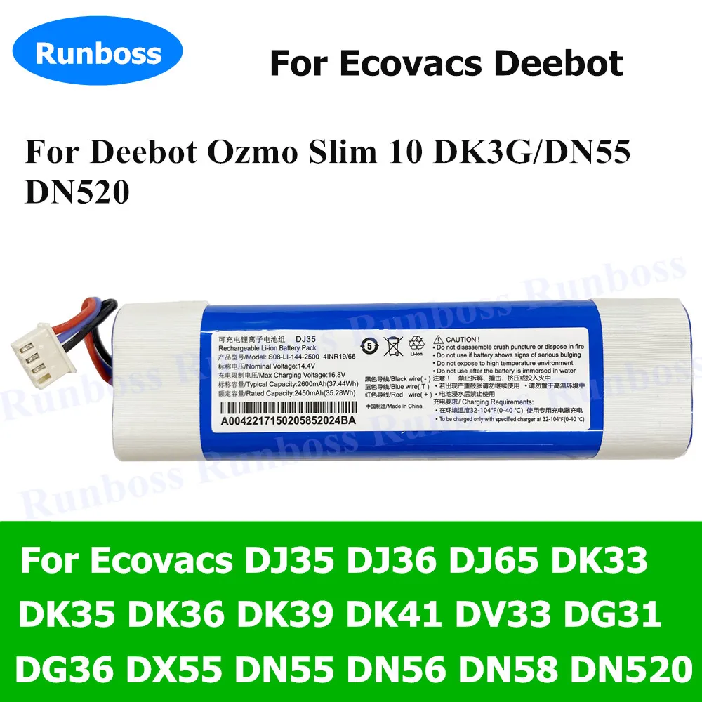 

Robot Vacuum Cleaner Battery S08-LI-144-2500 for Ecovacs Deebot DJ35,DJ36,DN55,DN520,DK35,DK36,DK520,Deebot Ozmo Slim 10 DK3G