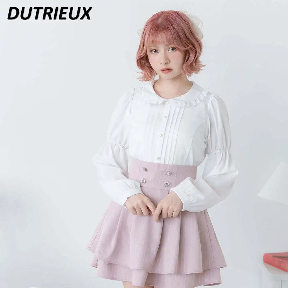 Spring New All-Matching Lolita Sweet Blouse Long Sleeve Base Shirt Japanese Style Lace Trim Doll Collar Cute Solid Color Tops