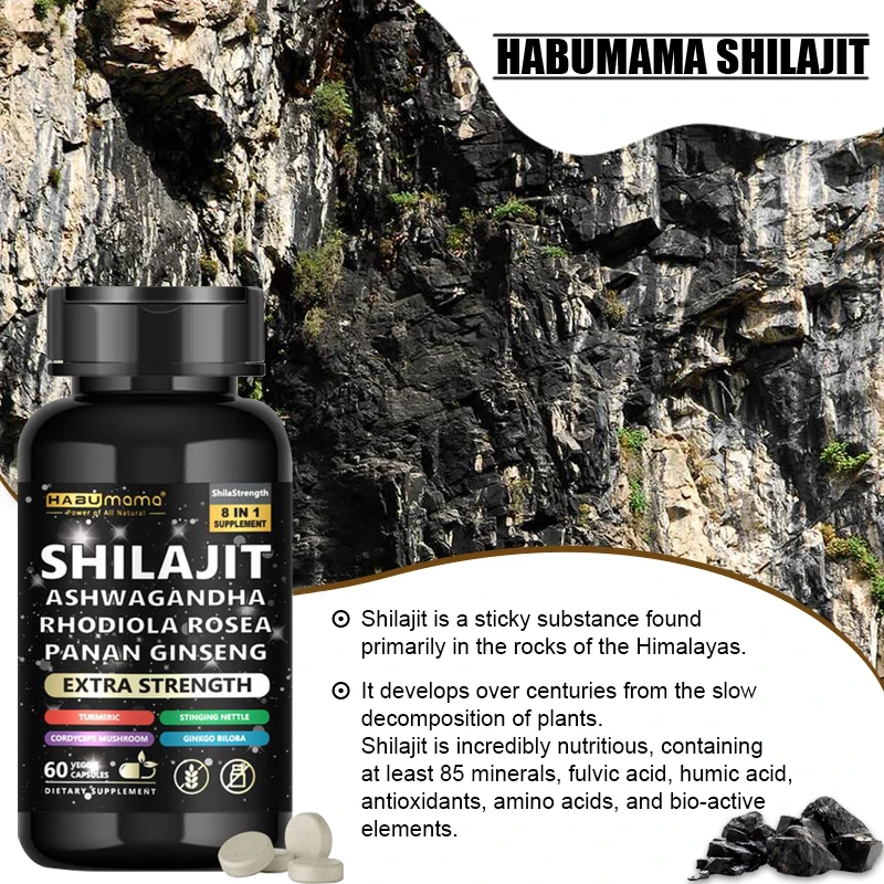 Natural Pure Ingredient 8 in 1 Shilajit, Ashwagandha, Panax Ginseng, Turmeric, Enlargement Pills for Men Increase Size & Stamina