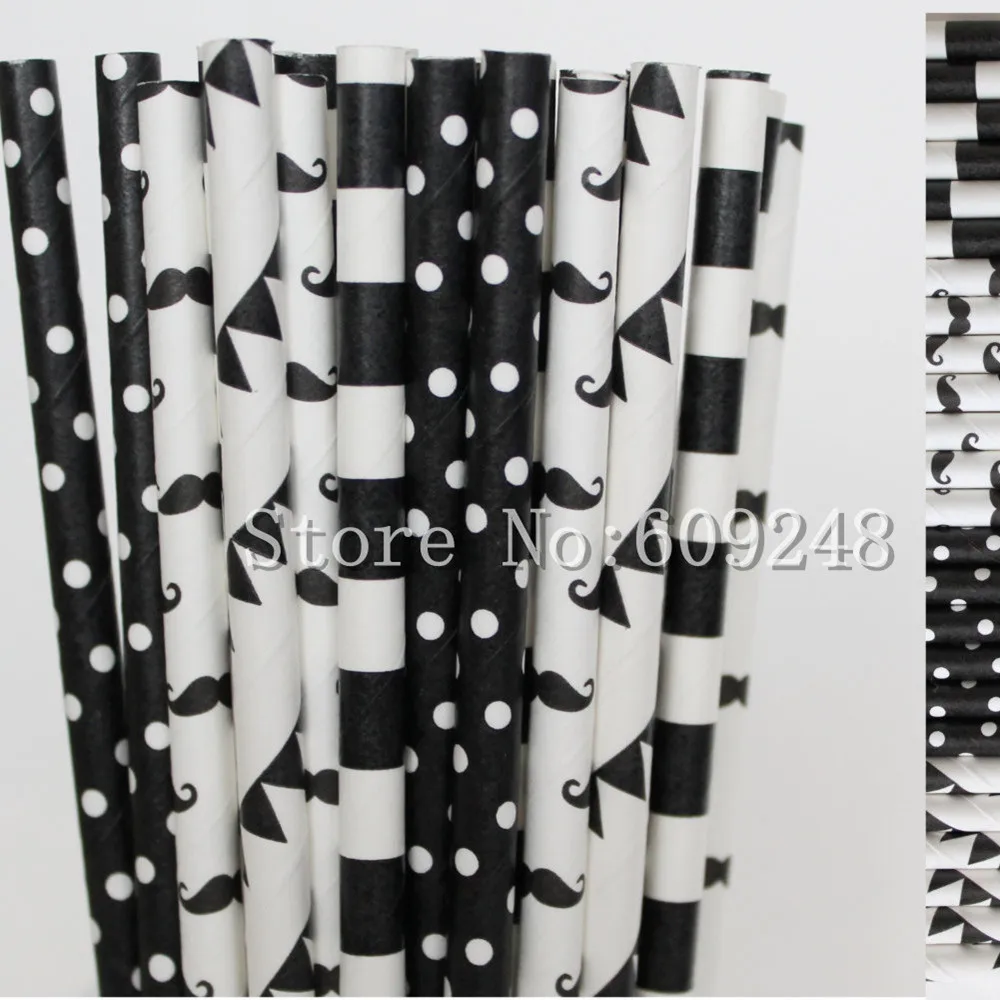 100 Pcs Drinking Party Paper Straws Mix,Black and White Mustache,Horizontal Rugby Stripe,Swiss Dot,Pennant Banner,Halloween Bulk