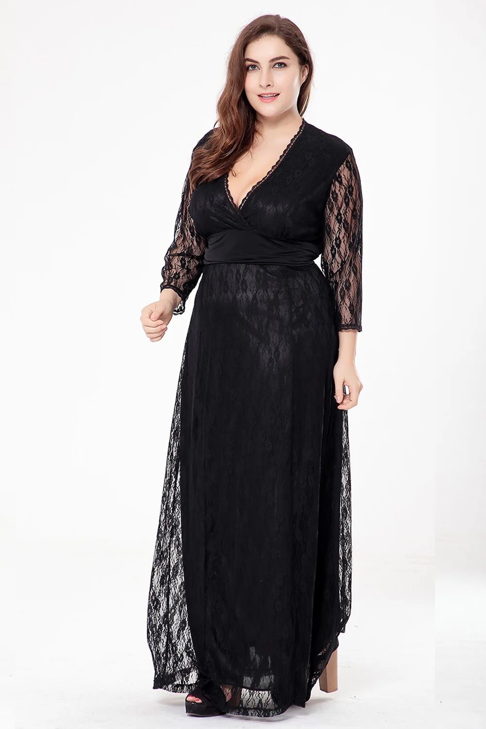 2022 Long Sleeve V Neck Plus Size Maxi Lace Party Evening Dress For Women