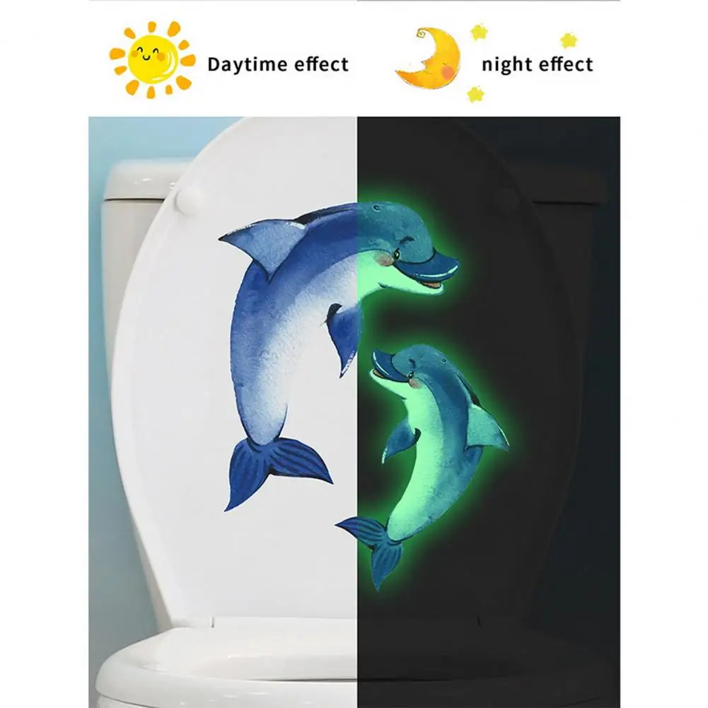 Glow-in-the-dark Dolphin Toilet Sticker Removable Self-adhesive Waterproof PVC Living Room Wall Art Bathroom Toilet Lid Decorati