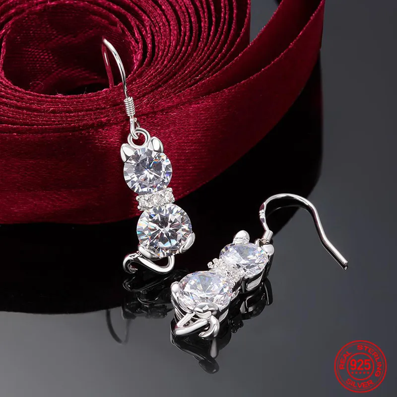 

925 Sterling Silver Cat Crystal Drop Earrings For Women Fashion Engagement Party Jewelry Gift