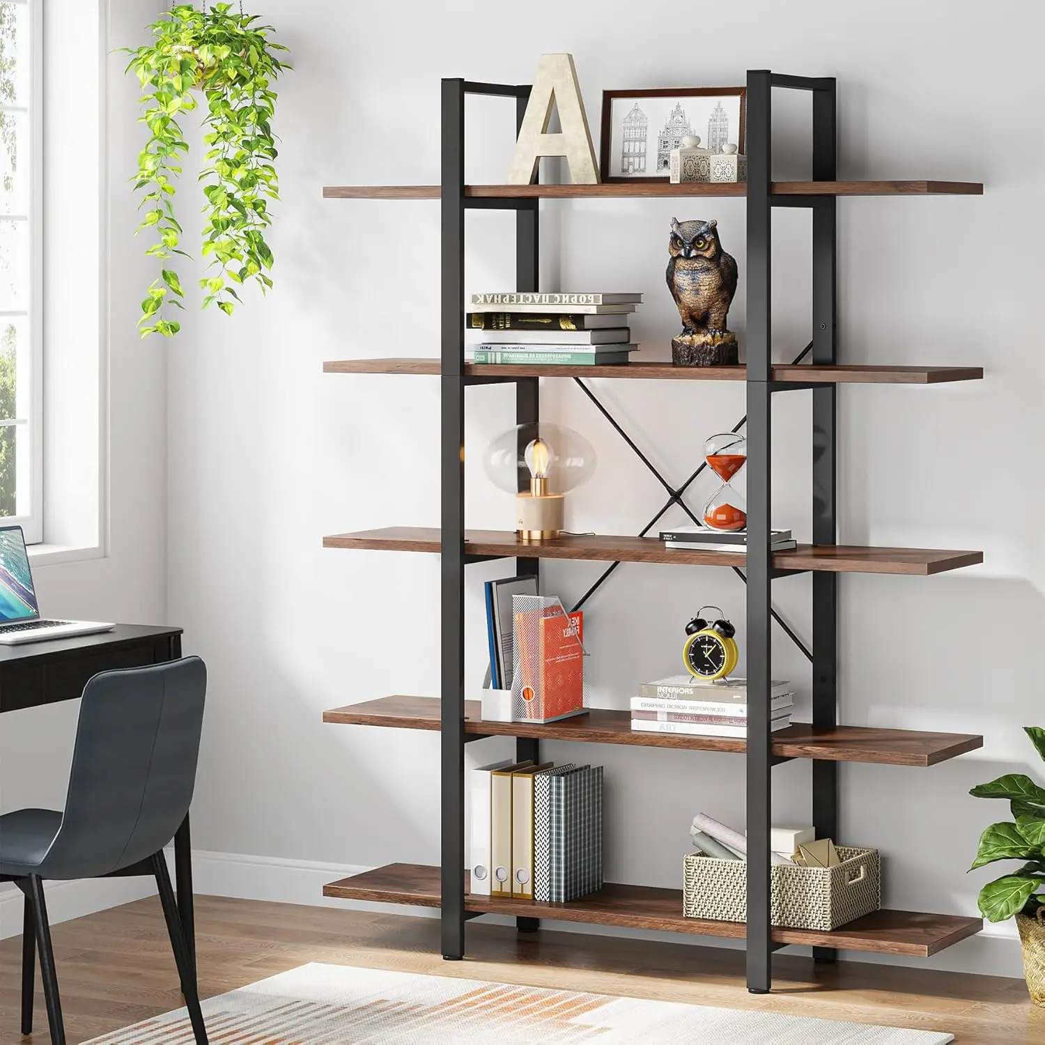 5-Tier Bookshelf, Vintage Industrial Style Bookcase 72 H x 12 W x 47L Inches, Retro Brown