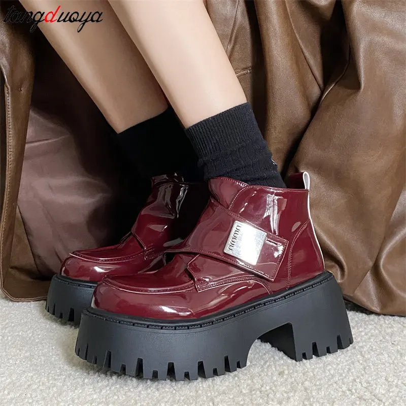 2024 Winter New Thick Heel Ankle Boots Women\'s Fashion Red Wedges Casual Boots Women Brand 7CM Heels Waterproof PU Leather Boots