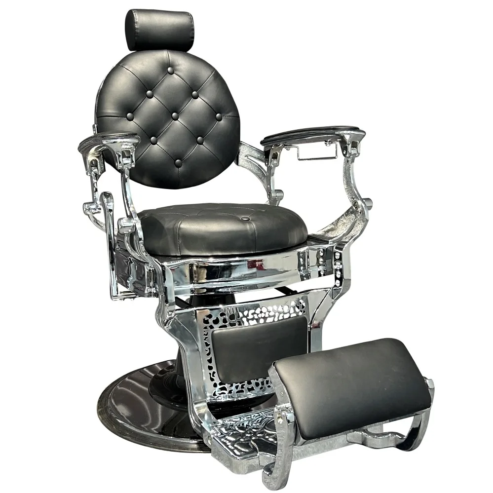 Classic Vintage Belmont Barber Chair in Iron and Aluminum Design with Hydraulic Pump Reclining Feature for Hair Salon