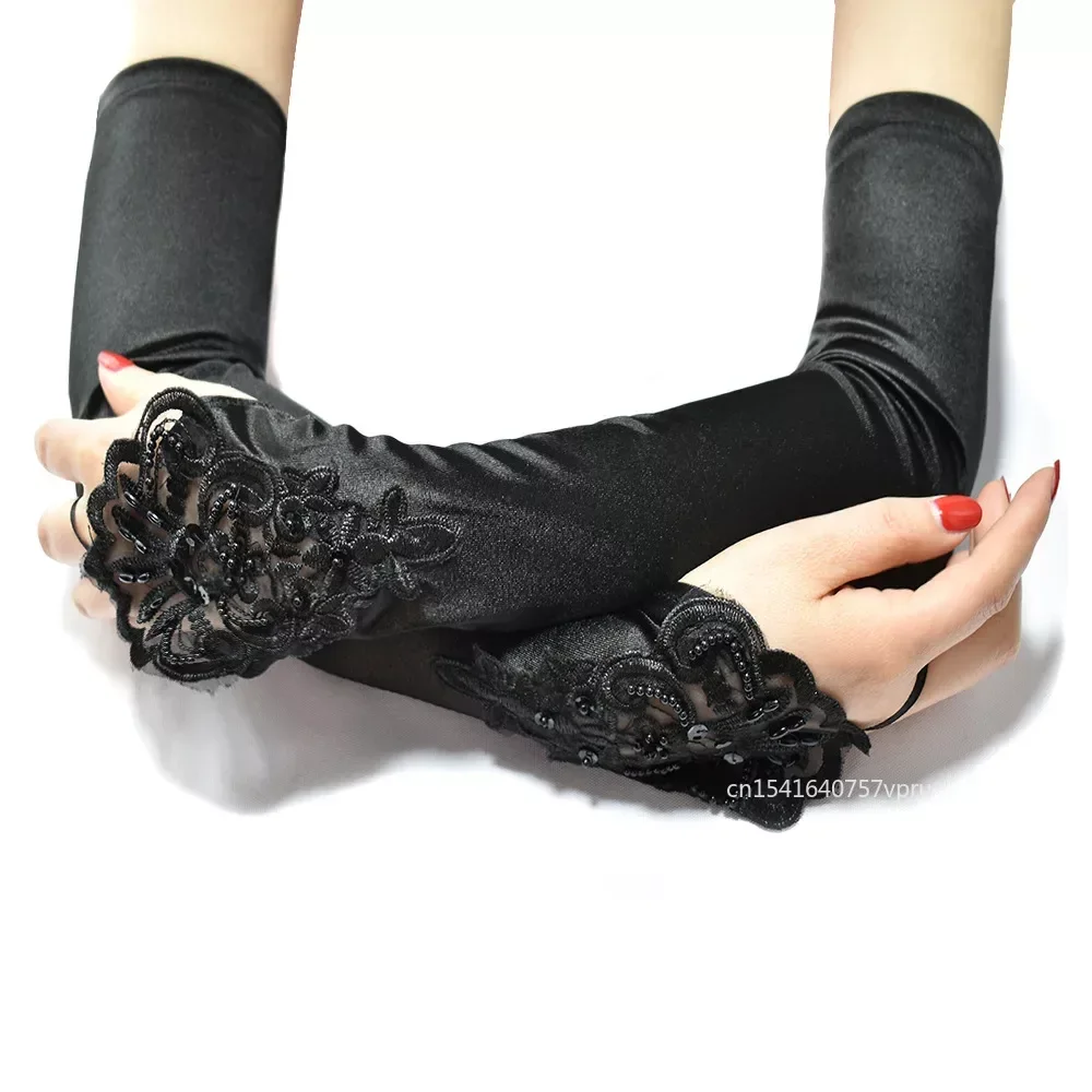 Vintage 1920s Fingerless Lace Sequins Satin Party Gloves Costume Accessories Stretch Opera Black Women Long Gloves