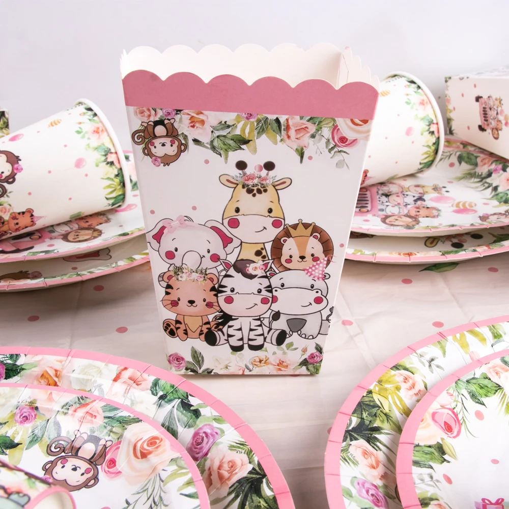 Jungle Safari Party Disposable Tableware Pink Jungle Animal Paper Plate Cup Napkin Banner Kid Girl Wild one Birthday Party Decor