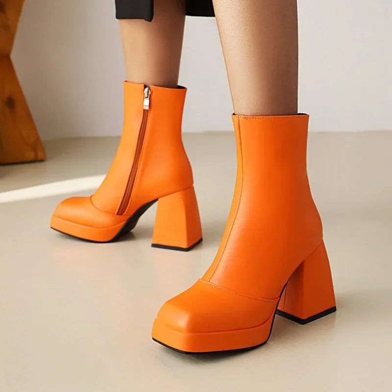 2023 Autumn Winter Fashion chunky heels Waterproof Ankle boots Orange Concise Square head Side zipper Women\'s Boots Big size 43