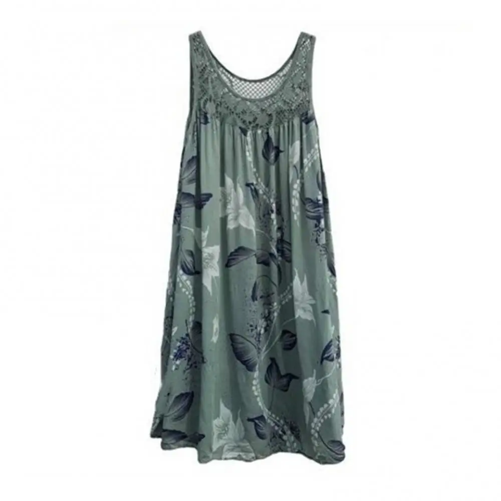 Plus Size Bloemenprint Kant Stiksel O-hals Mouwloze Vrouwen Zomer Losse Tank Jurk