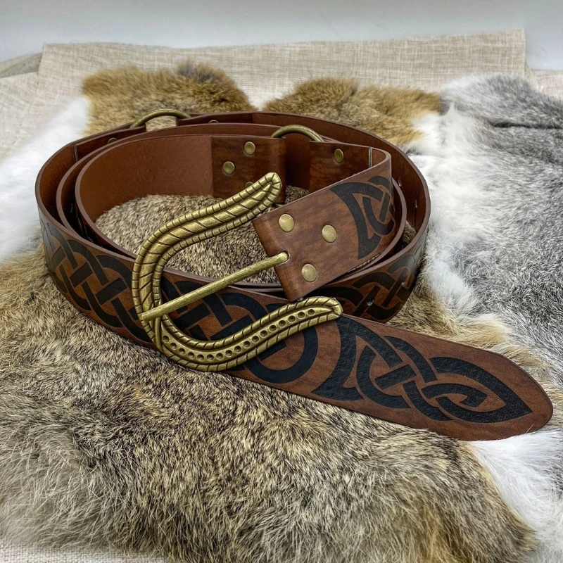 Mens Embossed PU Belt Medieval Belt Vintage O-Ring Leather Belt Knot Pattern Belt Knight Belt