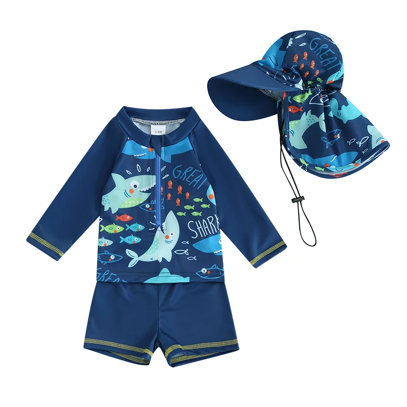 Kleinkind Baby Jungen Sommer Badeanzug Set Fisch druck Langarm Tops elastische Taille Badehose Hut Kinder 3 Stück Badeanzug