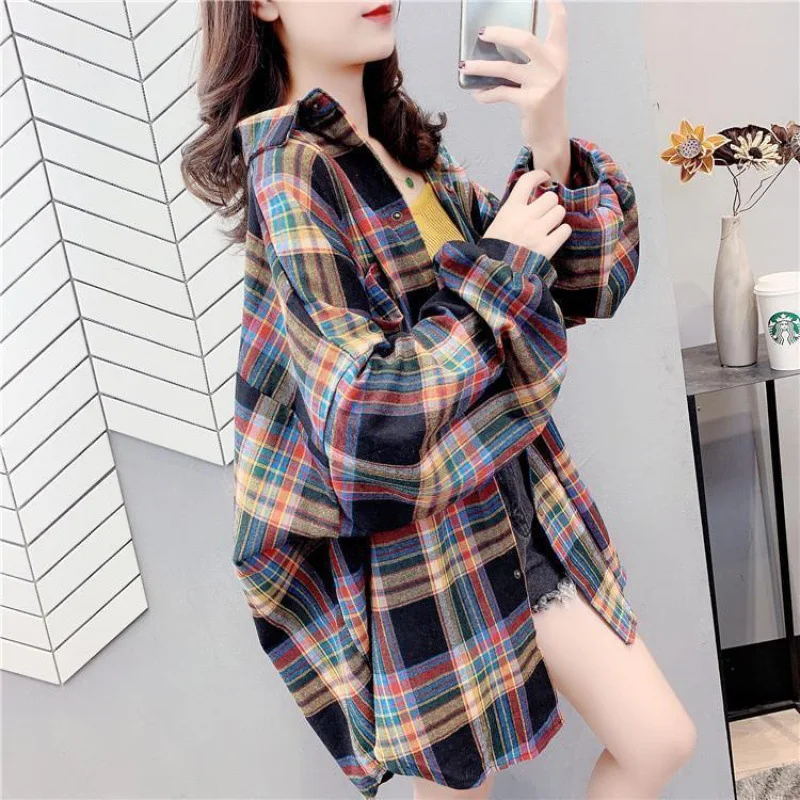 

Vintage Plaid Spliced Women Blouse Fashion Loose Casual Button Shirt Spring Autumn Long Sleeve Street Shirt Top Women's Clothing
