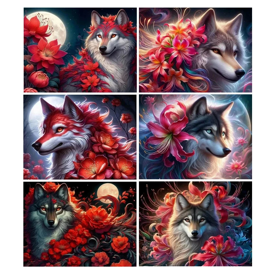 Diy Full Mosaic Art Red Wolf And Flower Diamond Painting New Collection 2024 Animals Rhinestone Embroidery Picture Wall Decor