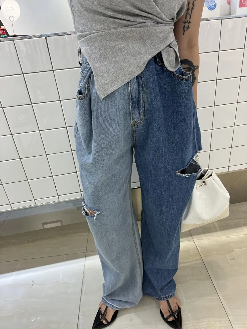 REALEFT летние винтажные женские джинсовые брюки с дырками, новинка 2025 года, цветные лоскутные повседневные свободные прямые джинсы с высокой талией, женские брюки