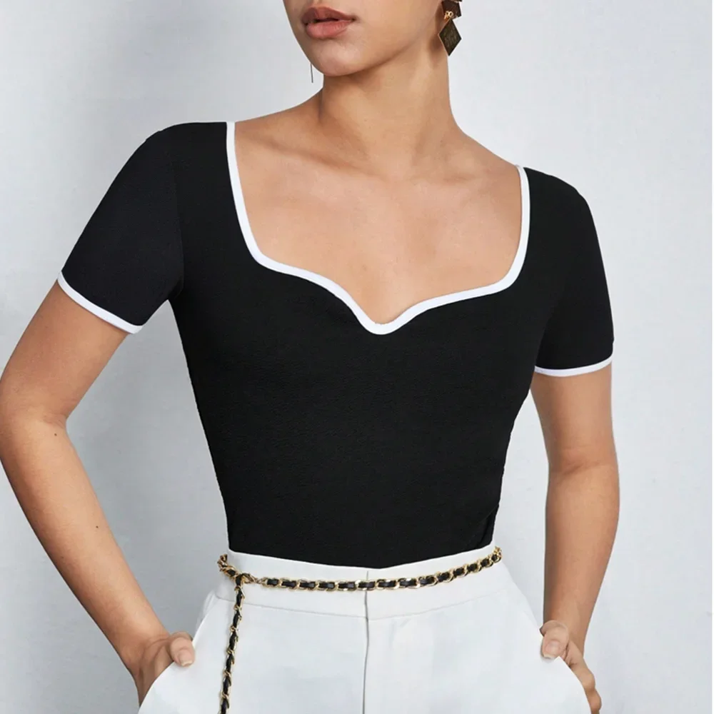 

T-Shirts Spring Summer Daily Basic Elegant Patchwork Short Sleeve Square Neck Casual Wrap T-Shirts For Women