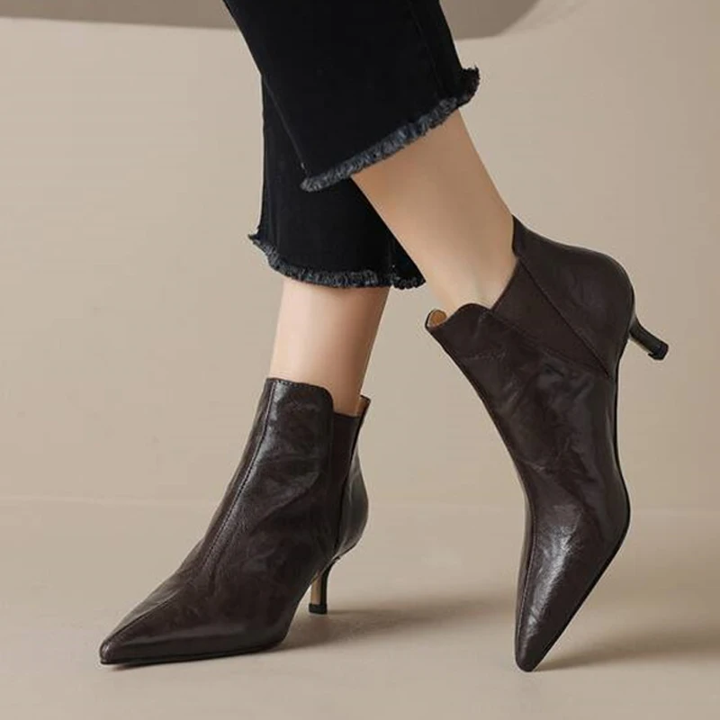 

Women's autumn boots genuine leather 5cm thin high heel pointed toe back short booties British Style ankle boots MING18