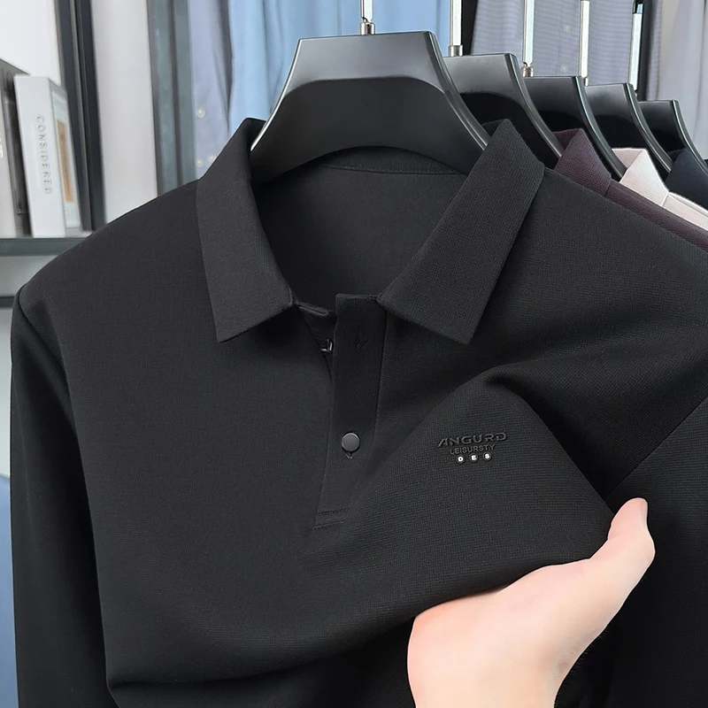 Autumn Spring Fashion Lapel Polo Shirt Skin Friendly Original Solid Color Long Sleeved T-Shirt Versatile Comfort Men's Clothing