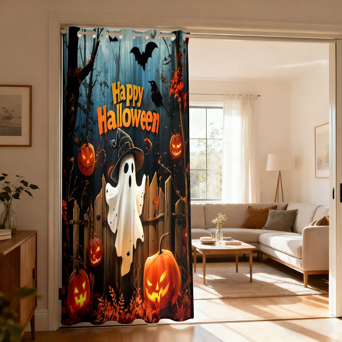 1PC Halloween Ghost Pumpkin Bat Pattern Single Loop Curtain For Living Room Bedroom Door Window Stylish Home Ornament
