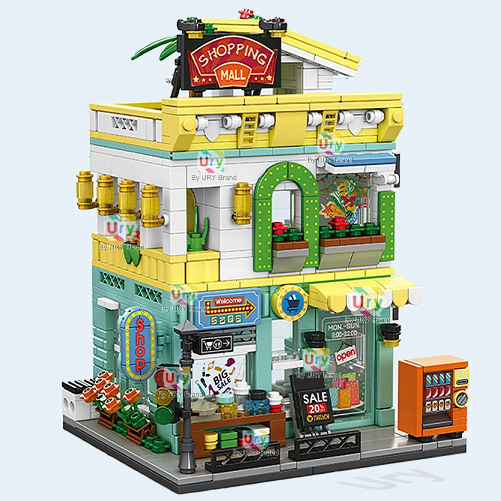 City Street View – centre commercial modulaire, coin de supermarché, dépanneur, maison de fleurs rétro, blocs de construction d'architecture MOC pour enfants
