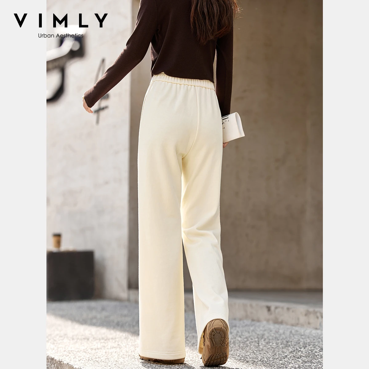 VIMLY Flared Women Apricot Pants Autumn 2025 New Elegant Strecth Knitted Casual Long Pants Fashion Pockets Woman Trousers A2855
