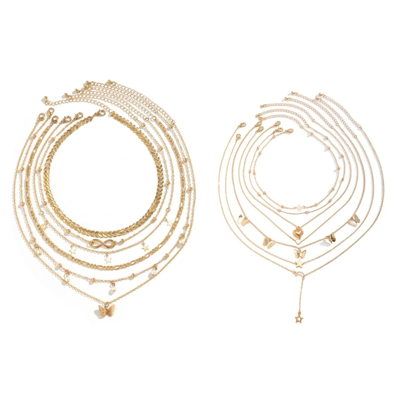 Stylish Gold Tone Multi Strand Necklace Set Butterfly Pendants Neckchain Jewelry