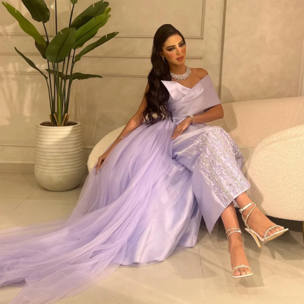 

Exquisite Luxury Formal Evening Dresses Strapless Shiny Beading Light Purple Satin High Quality Prom Party Banquet Women Gowns