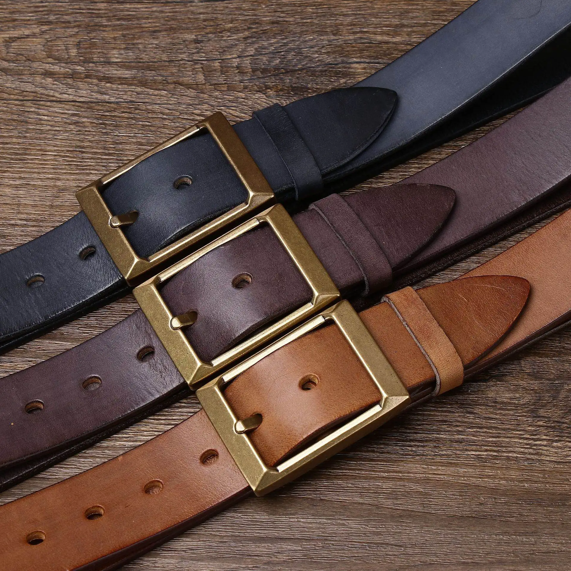 

Retro thickened first-layer cowhide copper buckle belt men's genuine leather pin buckle trendy versatile tough guy rein belt